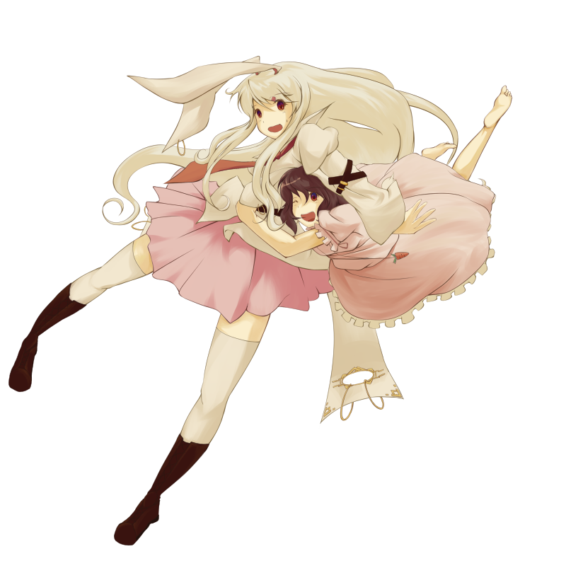 ryuu, ryuu (tsukinoyuki), inaba tewi, reisen udongein inaba, touhou, 2girls, animal ears, barefoot, dress, feet, female focus, hug, long hair, multiple girls, rabbit ears, red eyes, thighhighs