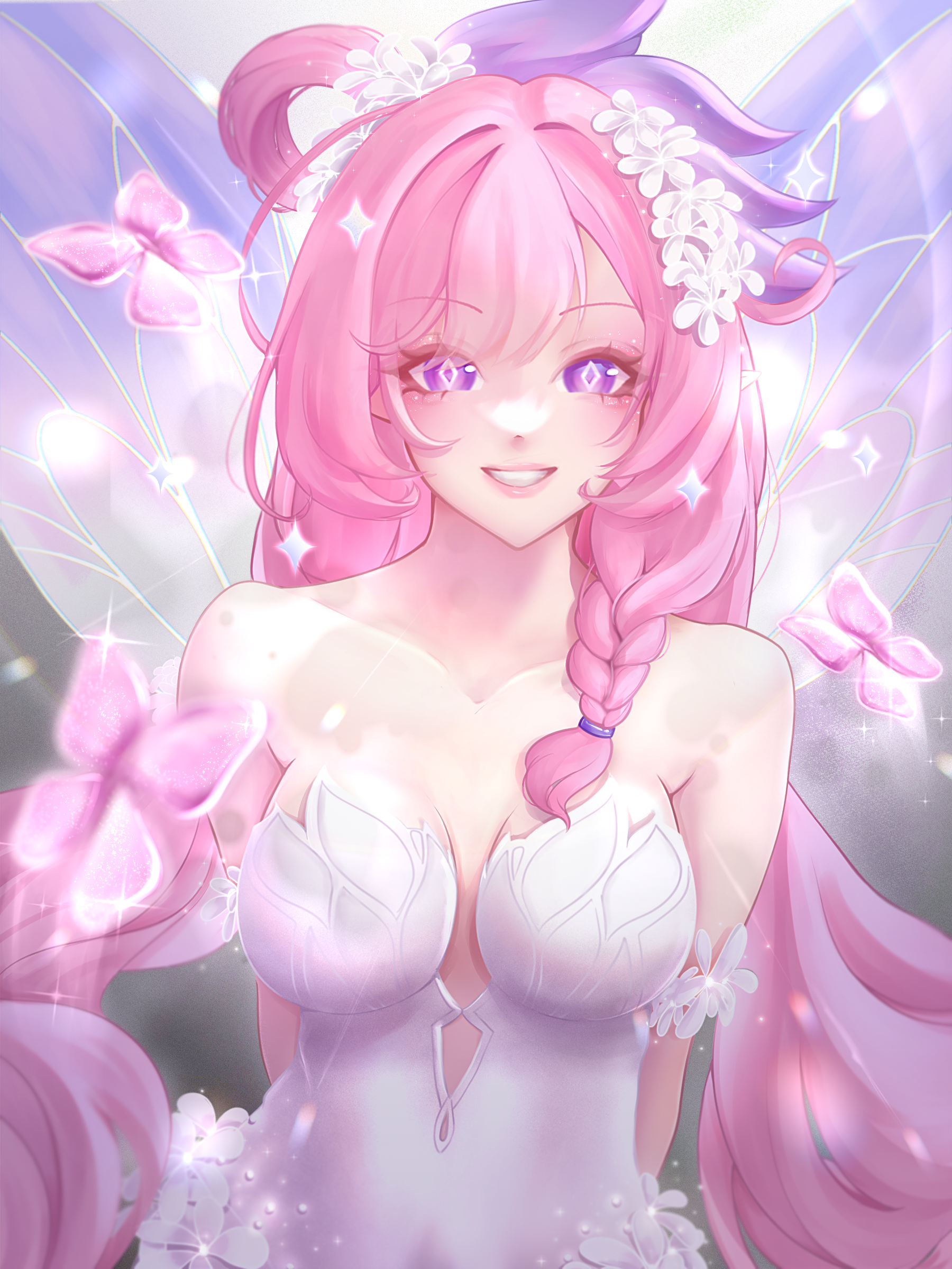 elysia (herrscher of human: ego) (honkai impact), elysia (honkai impact), honkai (series), honkai impact 3rd, absurdres, commentary, highres, 1girl, bare shoulders, breasts, cleavage, diamond-shaped pupils, diamond (shape), dress, fairy wings, flower, hair flower, hair ornament, kuaraya, long hair, official alternate costume, pink hair, purple eyes, smile, solo, symbol-shaped pupils, upper body, very long hair, white dress, wings