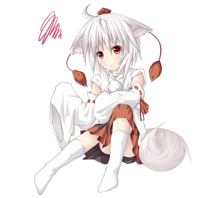 momiz-tama (pixiv), tokijiro, inubashiri momiji, touhou, silver hair, bad id, bad pixiv id, 1girl, animal ears, detached sleeves, female focus, full body, hat, red eyes, short hair, simple background, sitting, socks, solo, tail, tokin hat, transparent background, white background, wolf ears, wolf tail