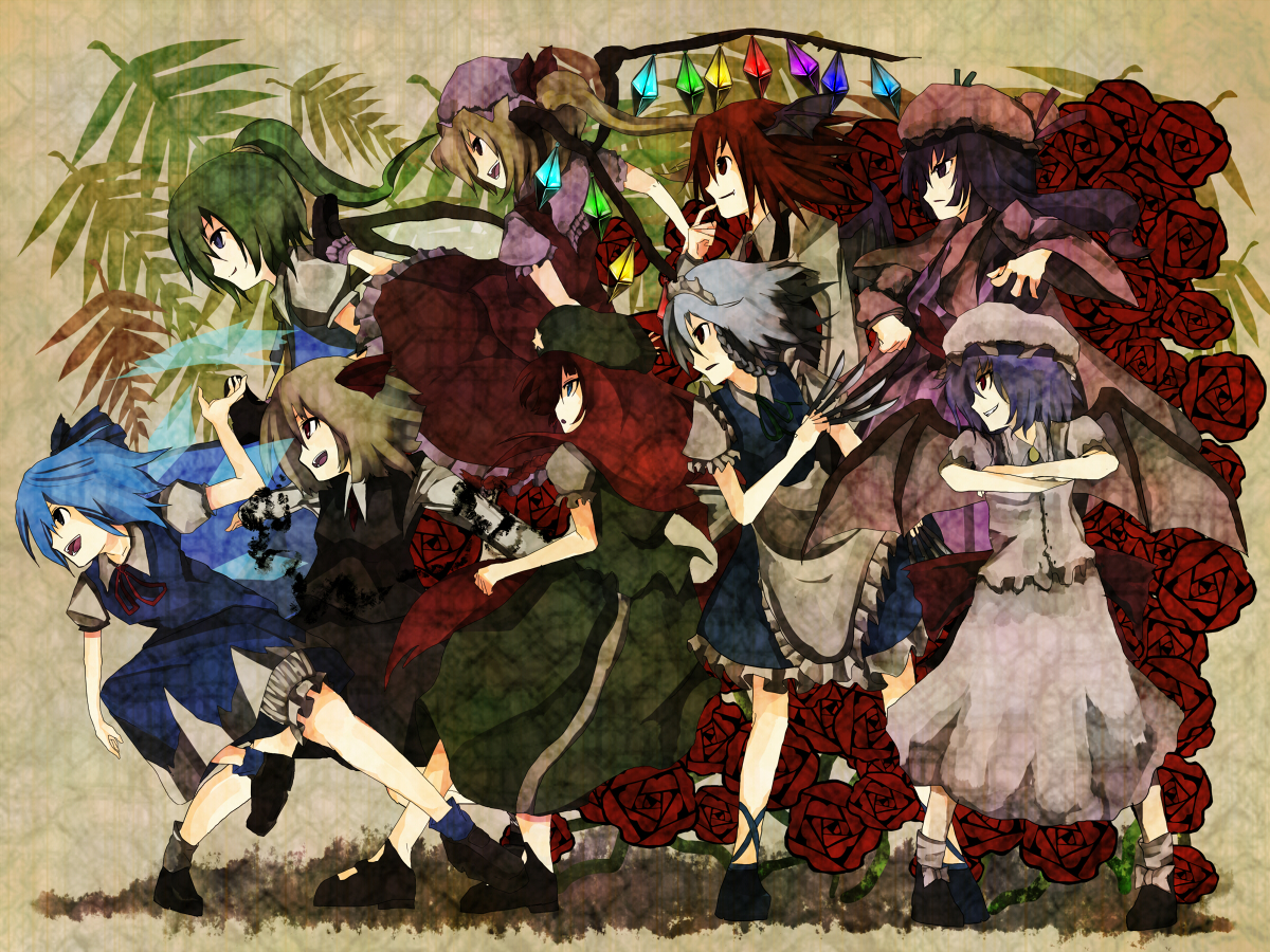 tokoroten (hmmuk), cirno, daiyousei, flandre scarlet, hong meiling, izayoi sakuya, koakuma, patchouli knowledge, remilia scarlet, rumia, embodiment of scarlet devil, touhou, bad id, bad pixiv id, 6+girls, apron, blonde hair, blue eyes, blue hair, braid, dress, female focus, flower, frills, green hair, grey hair, hat, long hair, long sleeves, maid, maid apron, maid headdress, multiple girls, open mouth, plant, ponytail, purple hair, red eyes, red hair, ribbon, rose, shoes, short hair, skirt, socks, weapon, wings