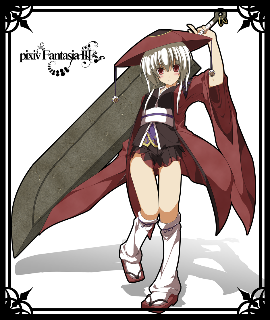 sakurame, pixiv fantasia, pixiv fantasia 3, akatsuhara empire, hat, huge weapon, japanese clothes, jingasa, loose socks, red eyes, socks, solo, sword, weapon, white hair