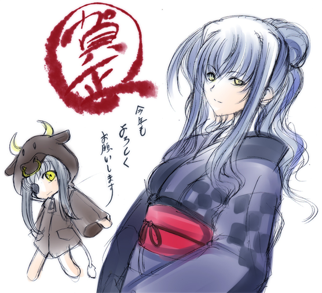 hagane soushi, cinque (nanoha), numbers (nanoha), uno (nanoha), lyrical nanoha, mahou shoujo lyrical nanoha, mahou shoujo lyrical nanoha strikers, 00s, 2girls, costume, eyepatch, grey hair, japanese clothes, kimono, long hair, multiple girls, new year, sketch, yellow eyes, yukata
