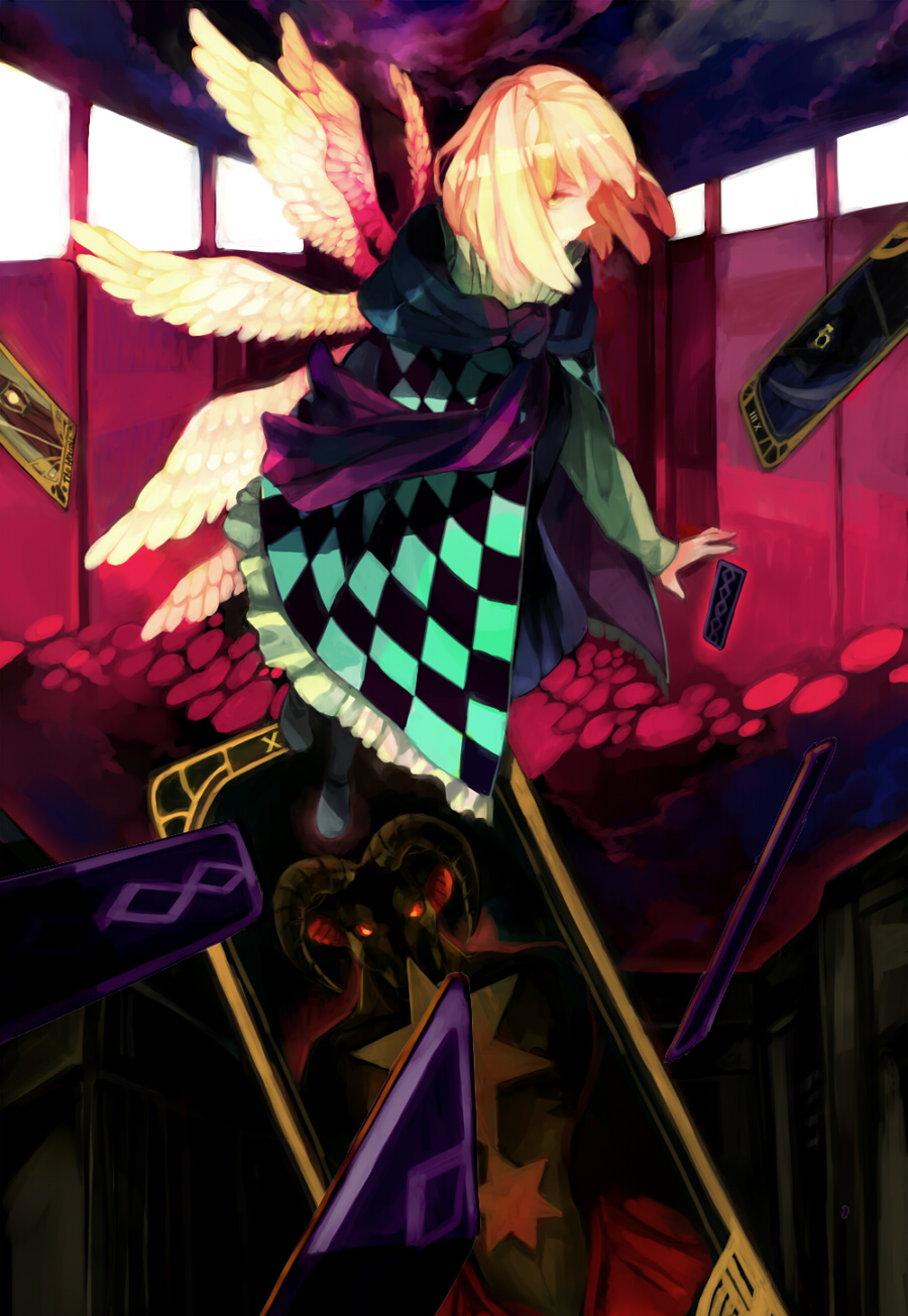 kawwa, original, bad id, bad pixiv id, highres, 1girl, blonde hair, card, coat, female focus, floating card, multiple wings, ribbon, scarf, seraph, solo, tarot, tarot card, wings, yellow eyes