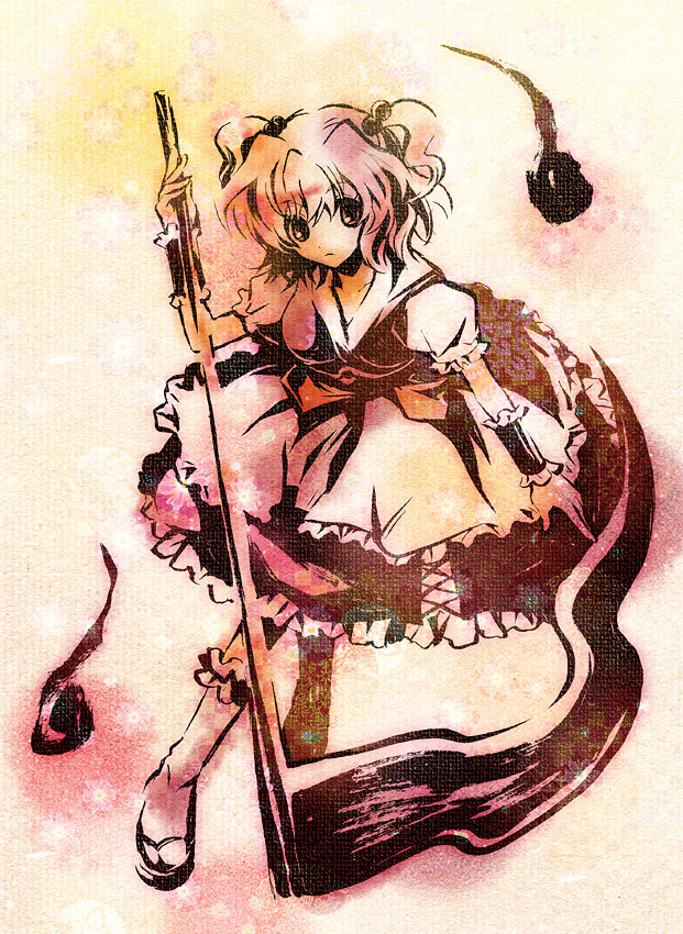 ofuu, yamadori ofuu, onozuka komachi, touhou, bad id, bad pixiv id, 1girl, breasts, female focus, full body, gradient background, monochrome, pink theme, scythe, solo, twintails, two side up