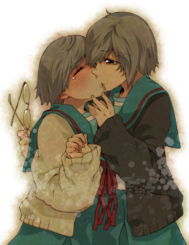 takanashi ringo, nagato yuki, suzumiya haruhi no shoushitsu, suzumiya haruhi no yuuutsu, silver hair, 00s, 10s, 2girls, blush, cardigan, dual persona, glasses, holding, holding removed eyewear, kiss, multiple girls, selfcest, short hair, sweater, tears, unworn eyewear, yuri