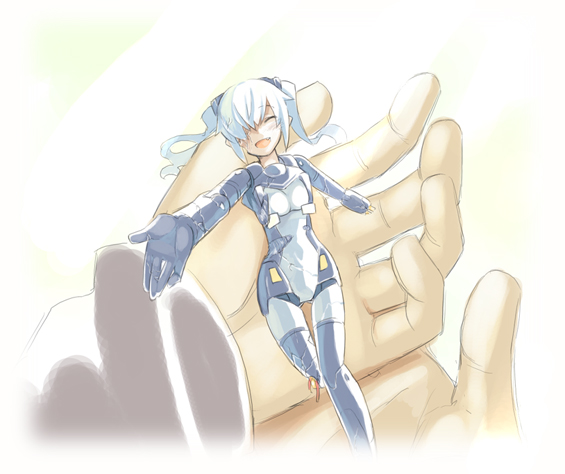 shigehiro (hiroi heya), strarf, busou shinki, 10s, 1girl, blue hair, closed eyes, doll joints, female focus, in palm, injury, joints, long hair, mecha musume, mechabare, mini person, minigirl, outstretched arm, outstretched hand, reaching, smile, solo, solo focus, twintails