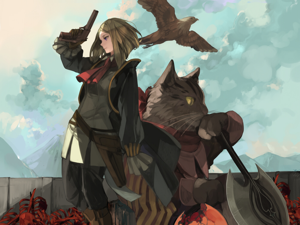 kawwa, pixiv fantasia, pixiv fantasia 3, bad id, bad pixiv id, 1girl, axe, bird, blonde hair, cat, coat, gloves, gun, holster, necktie, ribbon, weapon