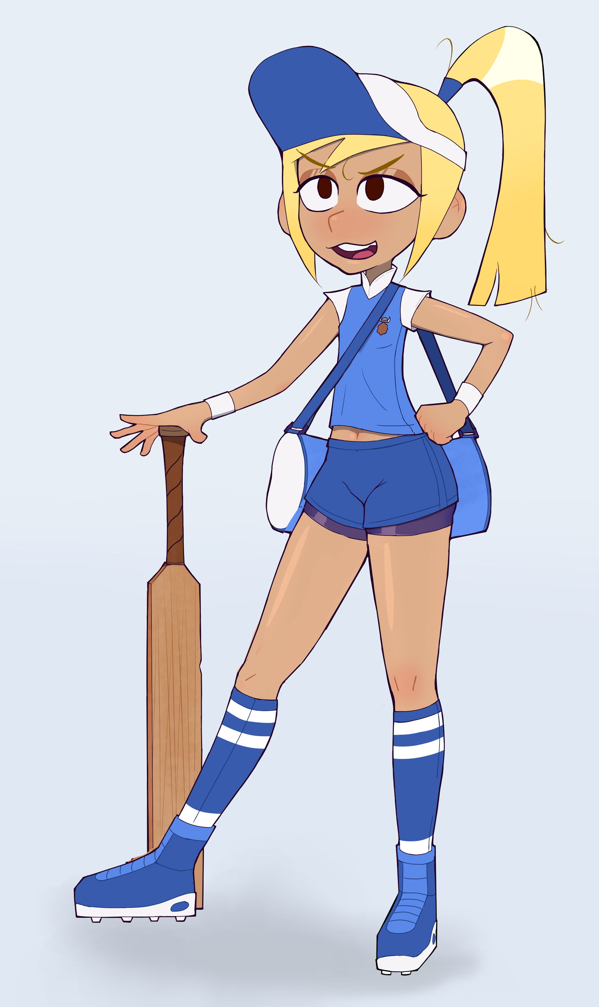 rukisan(pixiv), quinby (the ghost and molly mcgee), disney, the ghost and molly mcgee, absurdres, highres, 1girl, bag, bike shorts, bike shorts under shorts, black bike shorts, black eyes, blonde hair, blue shoes, blue shorts, blue socks, blue vest, cleats, cricket bat, grey background, hand on own hip, hat, holding, kneehighs, long hair, navel, open mouth, ponytail, shirt, shoes, short sleeves, shorts, smile, sneakers, socks, standing, tan, teeth, vest, visor cap, white hat, white shirt