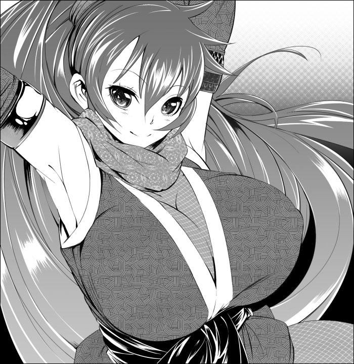ichimatsu akebi, armpits, breasts, cleavage, elbow gloves, fishnets, gloves, greyscale, huge breasts, japanese clothes, long hair, monochrome, ninja, scarf, smile, solo