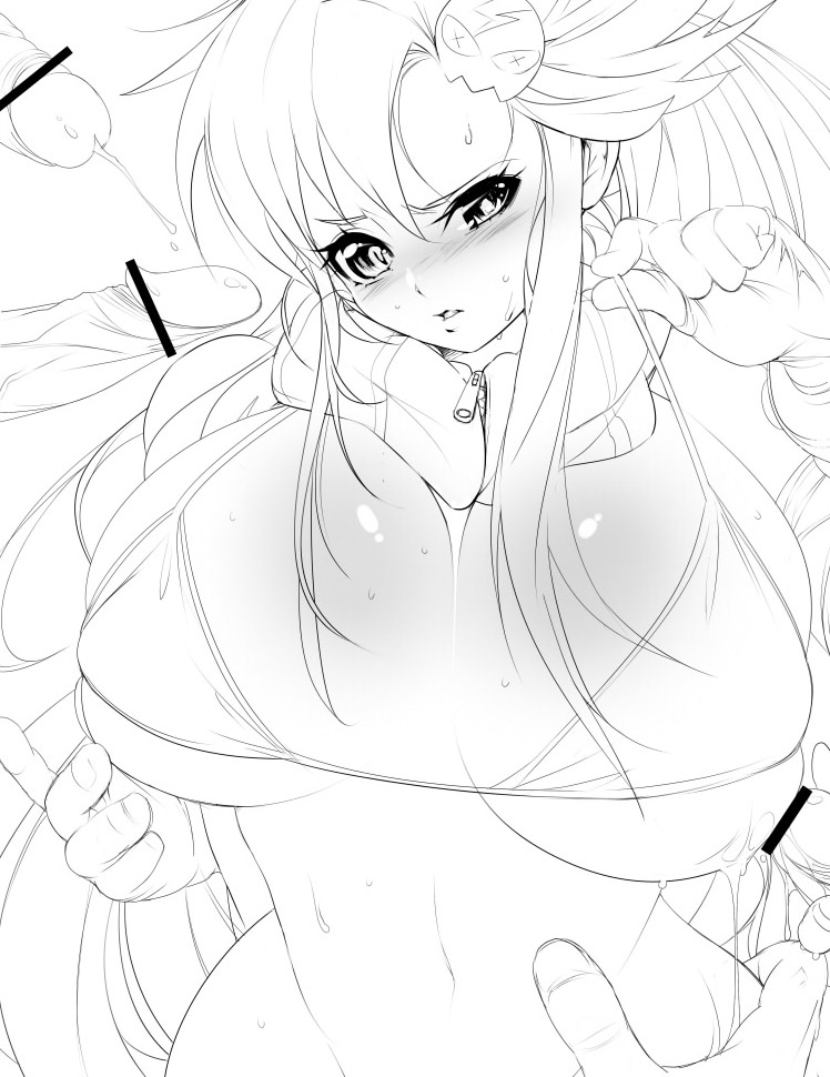 ichimatsu akebi, yoko littner, tengen toppa gurren lagann, 00s, 1girl, breasts, censored, cleavage, greyscale, group sex, huge breasts, monochrome, penis, pointless censoring, solo focus