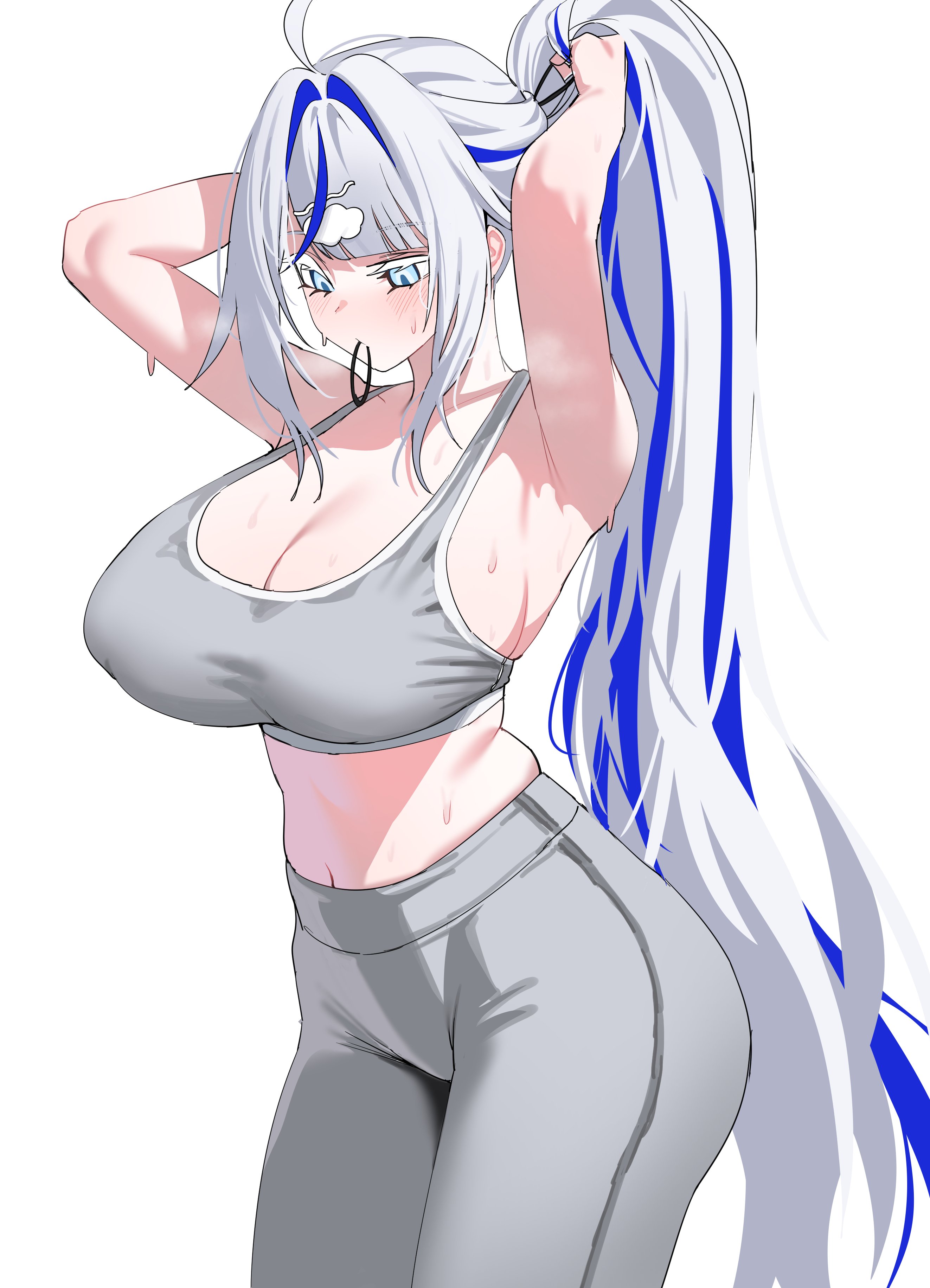 plentyofempty, aokumo rin, stellive, absurdres, highres, 1girl, adjusting hair, ahoge, alternate breast size (larger), armpits, arms behind head, arms up, blue eyes, blue streaks, blunt bangs, blush, breasts, cleavage, colored eyelashes, cowboy shot, grey pants, grey sports bra, hair tie in mouth, heavy breathing, huge breasts, long hair, looking down, midriff, mouth hold, multicolored hair, pants, ponytail, simple background, solo, sports bra, streaked hair, sweat, tying hair, very long hair, very sweaty, virtual youtuber, white background, white eyelashes, white hair