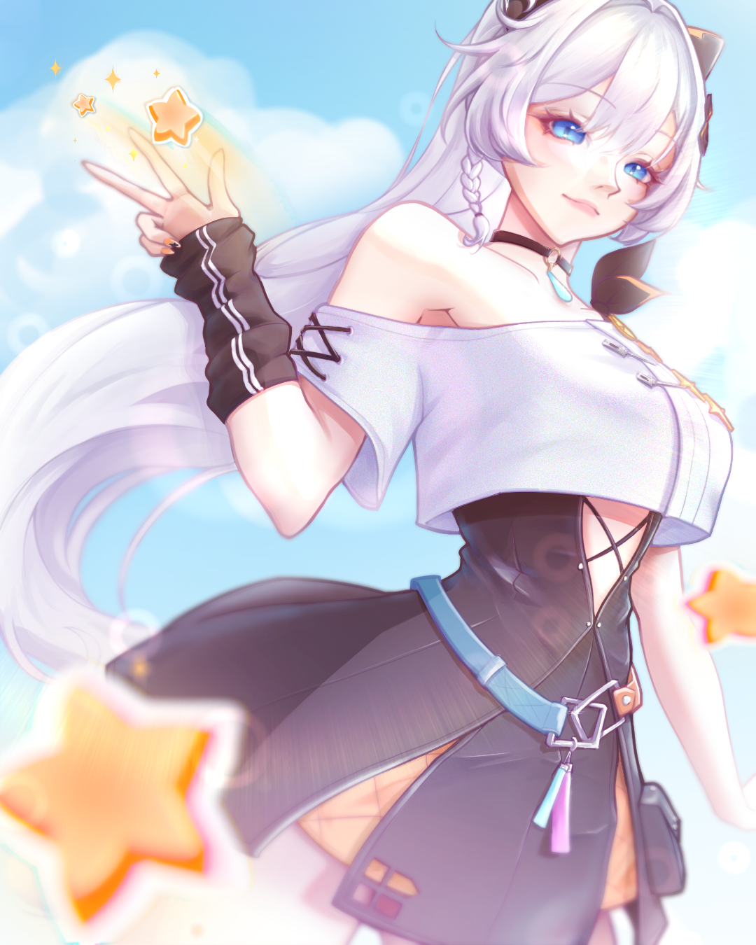 kiana kaslana, honkai (series), honkai impact 3rd, commentary, highres, 1girl, animal ear hairband, animal ears, bare shoulders, black arm warmers, black choker, black skirt, blue eyes, blue sky, breasts, cat ear hairband, cat ears, choker, cloud, crop top, fake animal ears, hairband, kuaraya, large breasts, long hair, outdoors, skirt, sky, solo, star (symbol), very long hair, white hair
