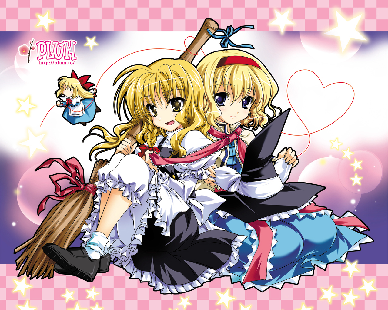 kanna (plum), alice margatroid, kirisame marisa, shanghai doll, touhou, 2girls, capelet, female focus, multiple girls, star (symbol), string, string of fate