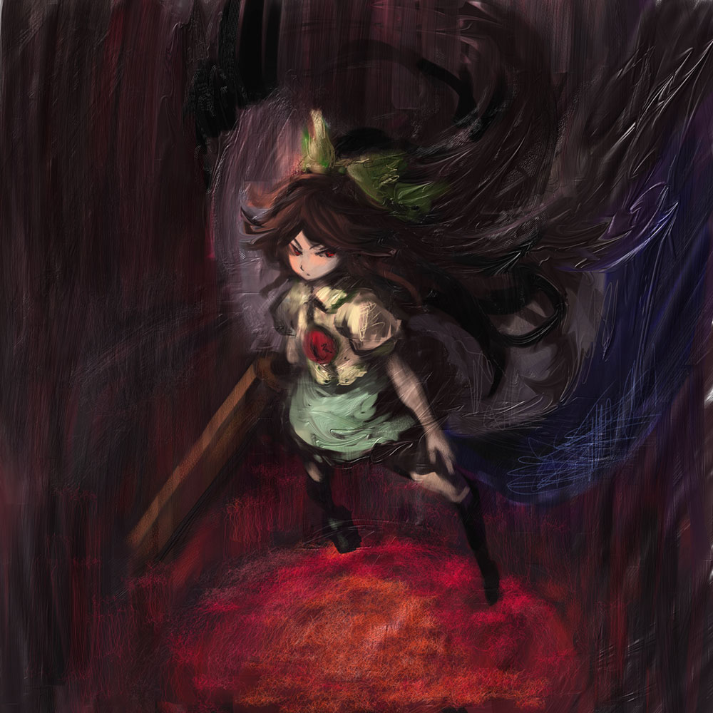 binayu, reiuji utsuho, touhou, traditional media, 1girl, black hair, female focus, long hair, red eyes, skirt, solo