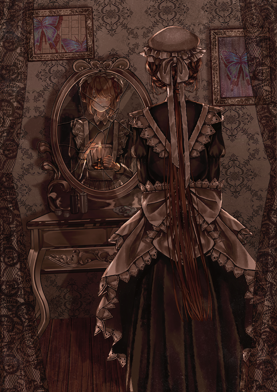 original, highres, 1girl, braid, brown eyes, brown hair, bug, butterfly, candle, crack, cracked glass, expressionless, half up braid, hat, holding, holding candle, insect, long hair, maid, mirror, mob cap, solo, user sukg2582, very long hair