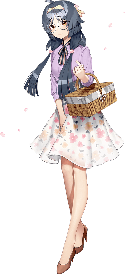 akasaka yuzu, heian maru (kancolle), heian maru (spring) (kancolle), kantai collection, commentary request, official art, 1girl, black hair, braid, brown eyes, brown shoes, closed mouth, floral print, full body, glasses, hairband, high heels, low twintails, neck ribbon, official alternate costume, picnic basket, pink hairband, pumps, purple shirt, ribbon, shirt, shoes, skirt, solo, standing, transparent background, twin braids, twintails, white skirt