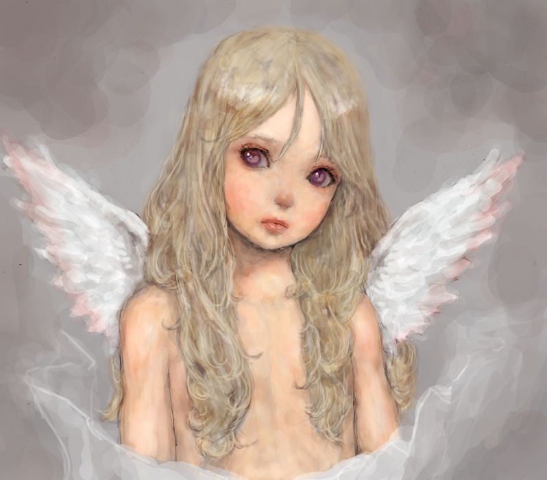 ponsuke (pon00000), bad id, bad pixiv id, 1girl, angel, angel wings, blonde hair, child, female focus, long hair, nude, solo, wings