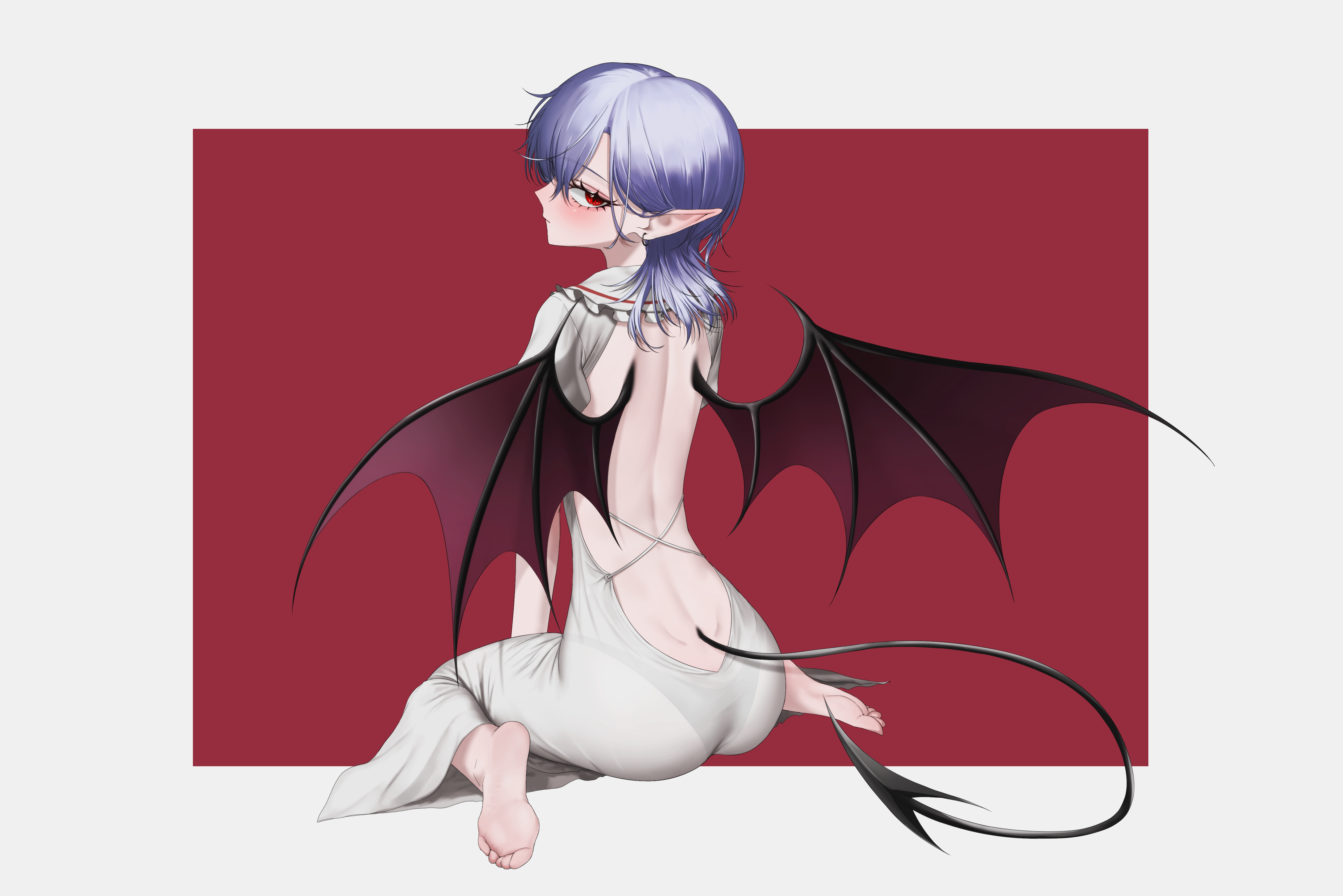koha 2652, remilia scarlet, touhou, absurdres, commentary, highres, 1girl, ass, back, back cutout, backless dress, backless outfit, barefoot, bat wings, black panties, blue hair, blush, border, clothing cutout, demon tail, dress, earrings, jewelry, long pointy ears, looking at viewer, looking back, median furrow, medium hair, panties, panties visible through clothes, pointy ears, red background, red eyes, sideways glance, simple background, sitting, soles, solo, tail, toes, underwear, wariza, white border, white dress, wings
