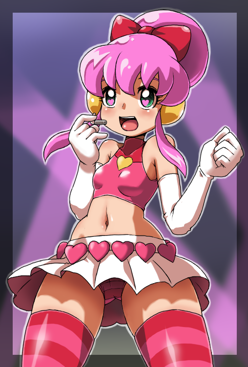 hun (uyonis), my sunshine, battle spirits, battle spirits: shounen toppa bashin, lights, bad id, bad pixiv id, 00s, 1girl, :d, bare shoulders, belt, blush, border, bow, breasts, clenched hand, cowboy shot, crop top, elbow gloves, female focus, from below, gloves, green eyes, hair between eyes, hair bow, hair bun, halterneck, headset, heart, idol, midriff, miniskirt, navel, open mouth, panties, pantyshot, pink hair, pink panties, pink thighhighs, pleated skirt, red panties, red thighhighs, short hair, sidelocks, single hair bun, skirt, small breasts, smile, solo, standing, striped clothes, striped panties, striped thighhighs, thighhighs, turtleneck, underwear, upskirt, white gloves, wide hips