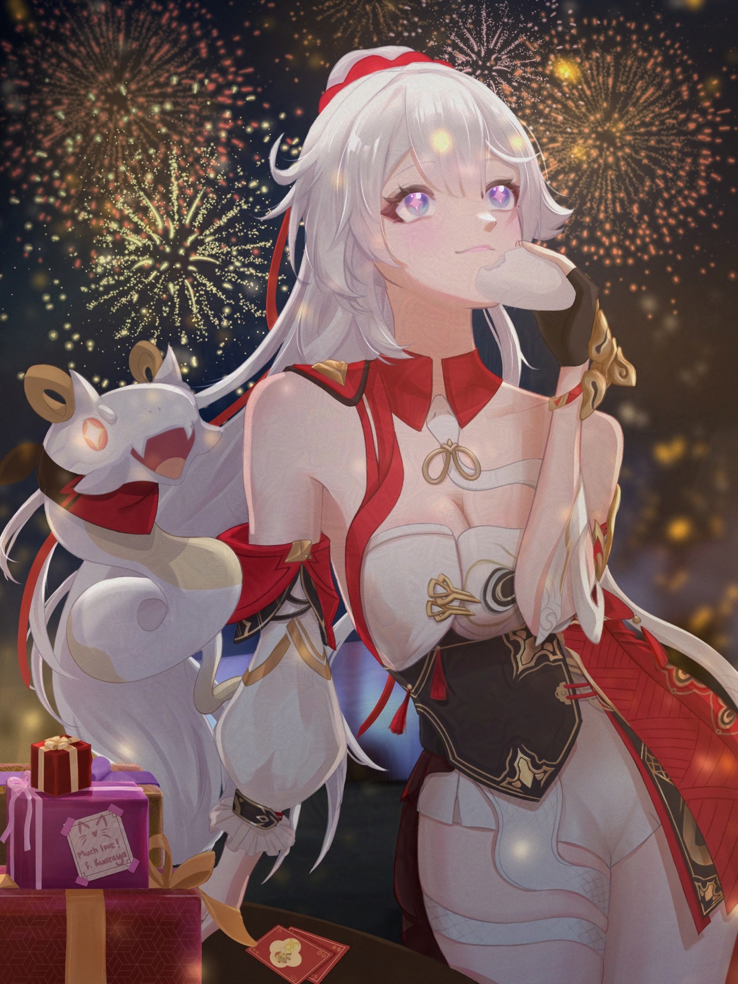 kiana kaslana, kiana kaslana (ba-dum! fiery wishing star), honkai (series), honkai impact 3rd, commentary, highres, 1girl, aerial fireworks, ahoge, bare shoulders, black gloves, blue eyes, box, breasts, cleavage, dress, fireworks, food, gift, gift box, gloves, holding, holding food, kuaraya, large breasts, long hair, night, night sky, onigiri, ponytail, rice cake (honkai impact), sky, snake, star-shaped pupils, star (symbol), symbol-shaped pupils, thighs, very long hair, white dress, white hair