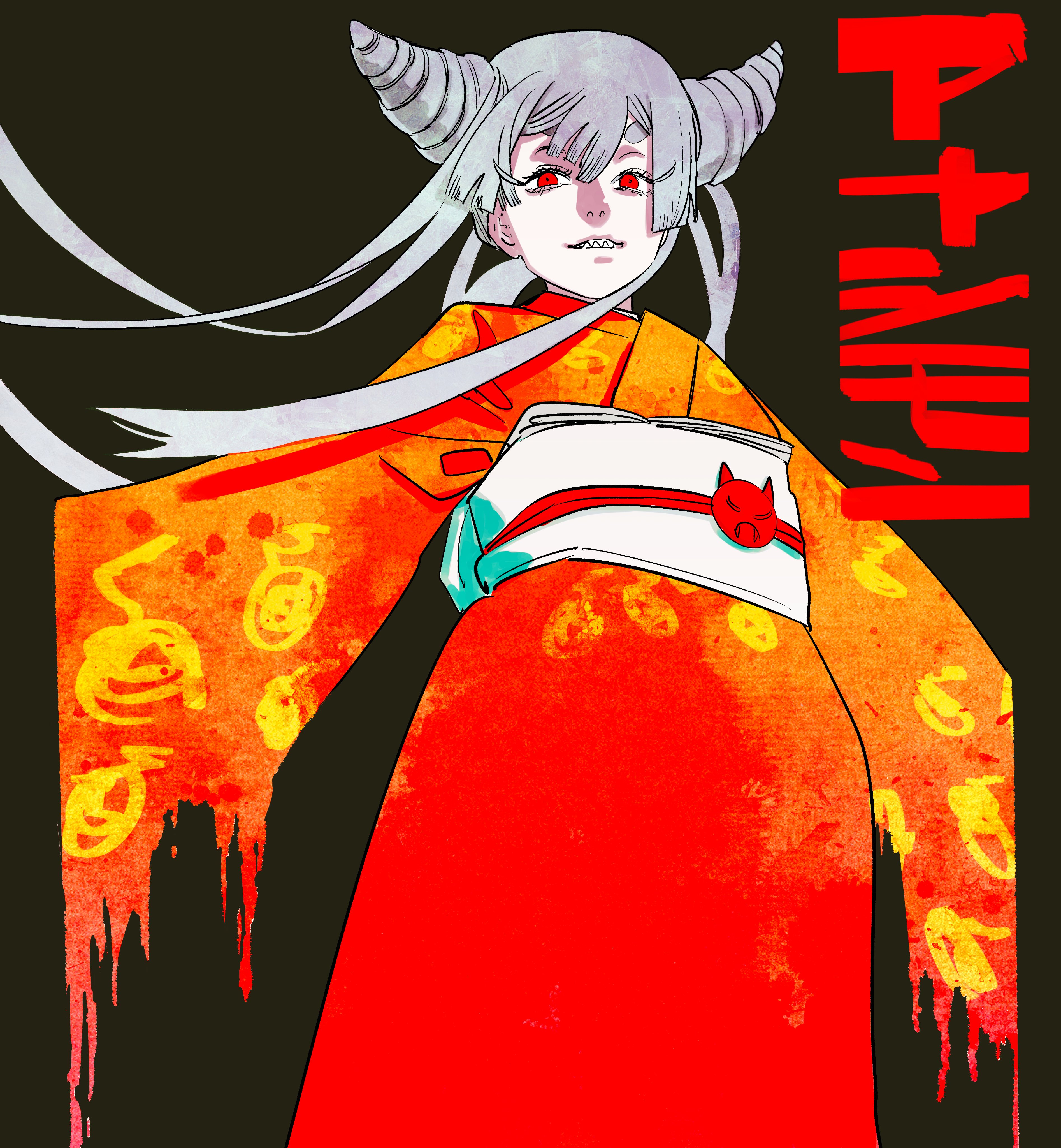 fujimoto tatsuki, urara (ayashimon), ayashimon, absurdres, commentary request, highres, translated, 1girl, black background, blunt bangs, center-flap bangs, cone hair bun, copyright name, demon girl, demon horns, eyelashes, floating hair, food, from below, fruit, grey hair, hair bun, hair horns, horns, japanese clothes, kimono, long hair, long sleeves, nostrils, obi, obidome, obijime, orange (fruit), orange kimono, orange slice, red eyes, red kimono, red sleeves, sash, sharp teeth, short eyebrows, solo, teeth, thick thighs, thighs, two-tone kimono, two-tone sleeves