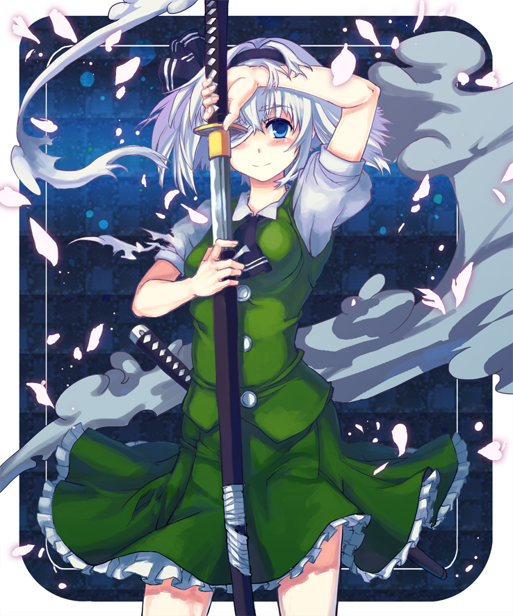 kishiyo, konpaku youmu, touhou, 1girl, bandage over one eye, blue eyes, cowboy shot, dress, female focus, hair over one eye, hairband, katana, sheath, skirt, smile, solo, sword, unsheathing, weapon, white hair