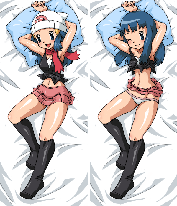 hun (uyonis), dawn (pokemon), nintendo, pokemon, bad id, bad pixiv id, 1girl, armpits, beanie, bed, blue hair, blush, clothes lift, dakimakura (medium), eye contact, feet, hat, looking at another, lying, midriff, multiple views, narrow waist, navel, one eye closed, panties, skirt, skirt lift, socks, underwear, upskirt, wink