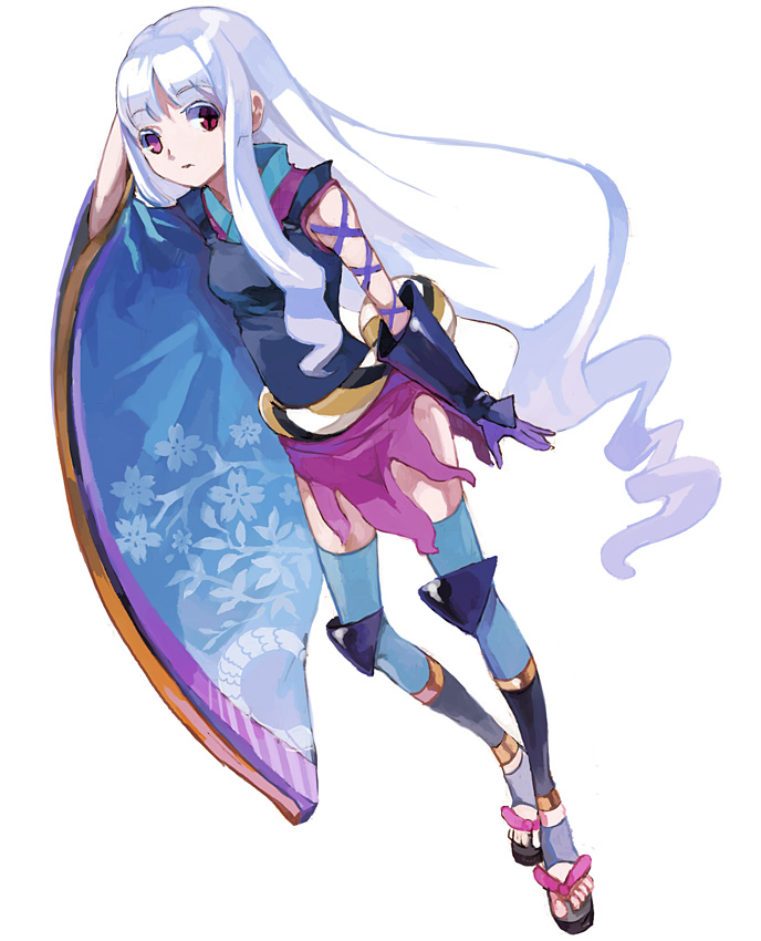 eihi, togame, katanagatari, bad id, bad pixiv id, + +, 1girl, adjusting hair, clog sandals, female focus, gloves, long hair, okobo, platform sandals, red eyes, sandals, solo, stirrup legwear, thighhighs, toeless legwear, white hair
