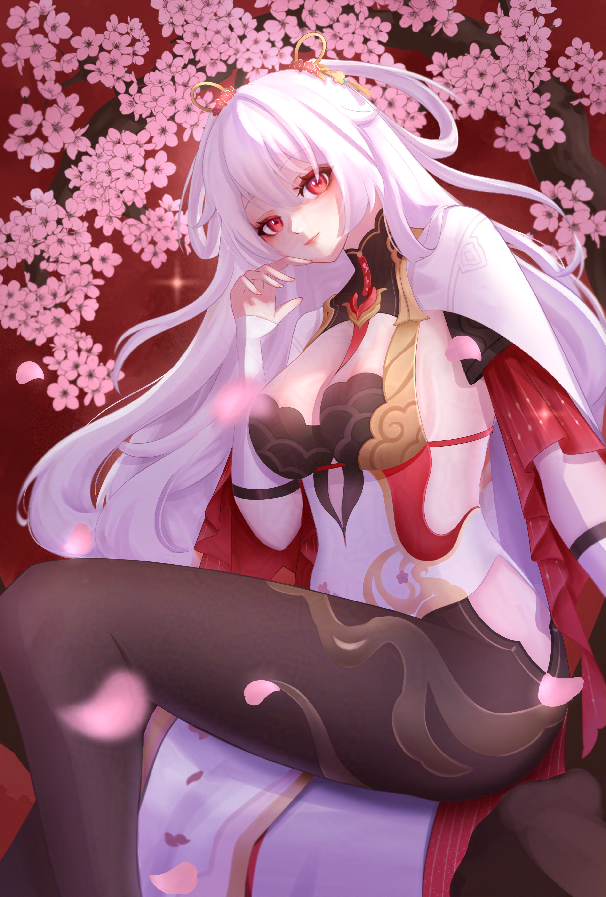 theresa apocalypse, theresa apocalypse (luna kindred), theresa apocalypse (lunar vow: crimson love), theresa apocalypse (redolent in red), honkai (series), honkai impact 3rd, absurdres, commentary, highres, symbol-only commentary, 1girl, black pantyhose, breasts, cherry, cleavage, dress, food, fruit, kuaraya, large breasts, long hair, looking at another, looking at viewer, official alternate costume, pantyhose, red eyes, shrug (clothing), sitting, solo, very long hair, white dress, white hair