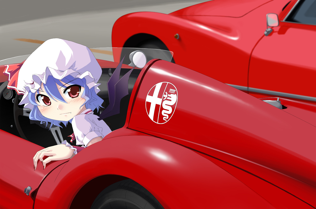 tomcat, remilia scarlet, alfa romeo, touhou, 1girl, blue hair, car, female focus, hat, motor vehicle, red eyes, short hair, solo, upper body, vehicle focus, wings
