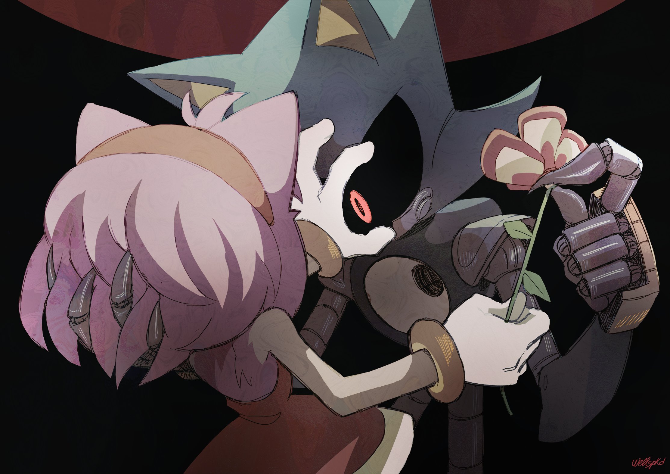 wellspkd, amy rose, metal sonic, sonic (series), commentary, english commentary, highres, 1boy, 1girl, armor, bare shoulders, black background, black sclera, blue armor, bracelet, claws, colored sclera, dress, flower, gloves, hand in another's hair, hedgehog girl, holding, holding flower, jewelry, joints, mechanical arms, pink fur, pink hair, pushing away, red dress, red eyes, red flower, robot, robot joints, signature, sleeveless, sleeveless dress, white gloves
