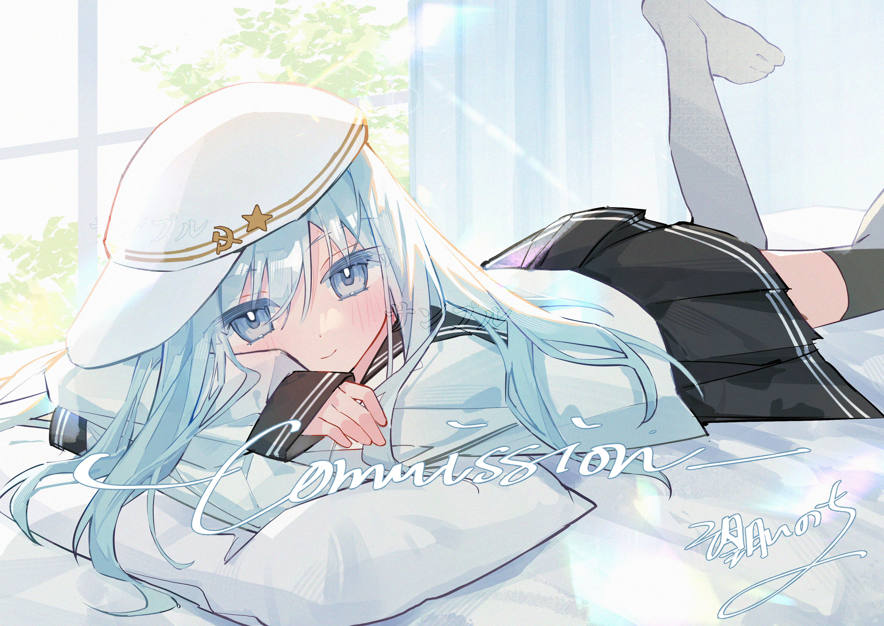 mochizuki inochi, hibiki (kancolle), verniy (kancolle), kantai collection, absurdres, highres, 1girl, artist name, black sailor collar, black skirt, black thighhighs, blue eyes, blue hair, blush, closed mouth, full body, hat, leg up, long hair, long sleeves, looking at viewer, lying, no shoes, on bed, on stomach, pillow, pleated skirt, sailor collar, school uniform, serafuku, shirt, skirt, smile, solo, thighhighs, white hat, white shirt
