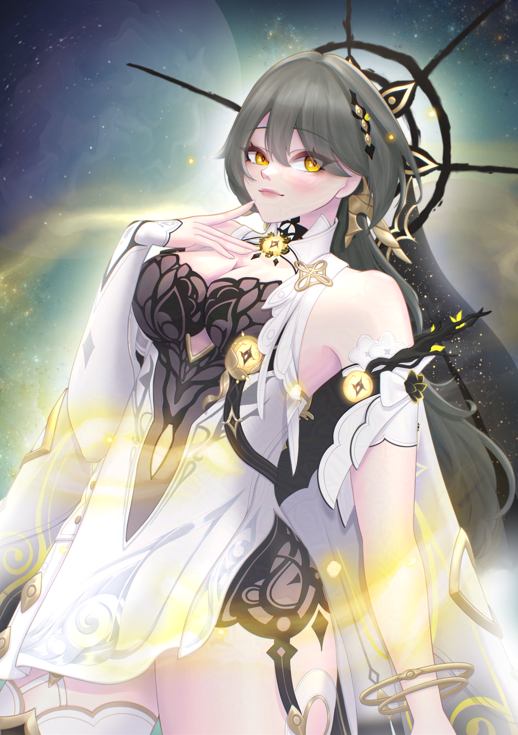 vita (eldritch vantage) (honkai impact), vita (honkai impact), honkai (series), honkai impact 3rd, absurdres, commentary, highres, 1girl, bare shoulders, breasts, detached sleeves, dress, grey hair, halo, kuaraya, large breasts, long hair, official alternate costume, single thighhigh, sky, solo, star (sky), starry sky, thighhighs, thighs, very long hair, white dress, white thighhighs, yellow eyes