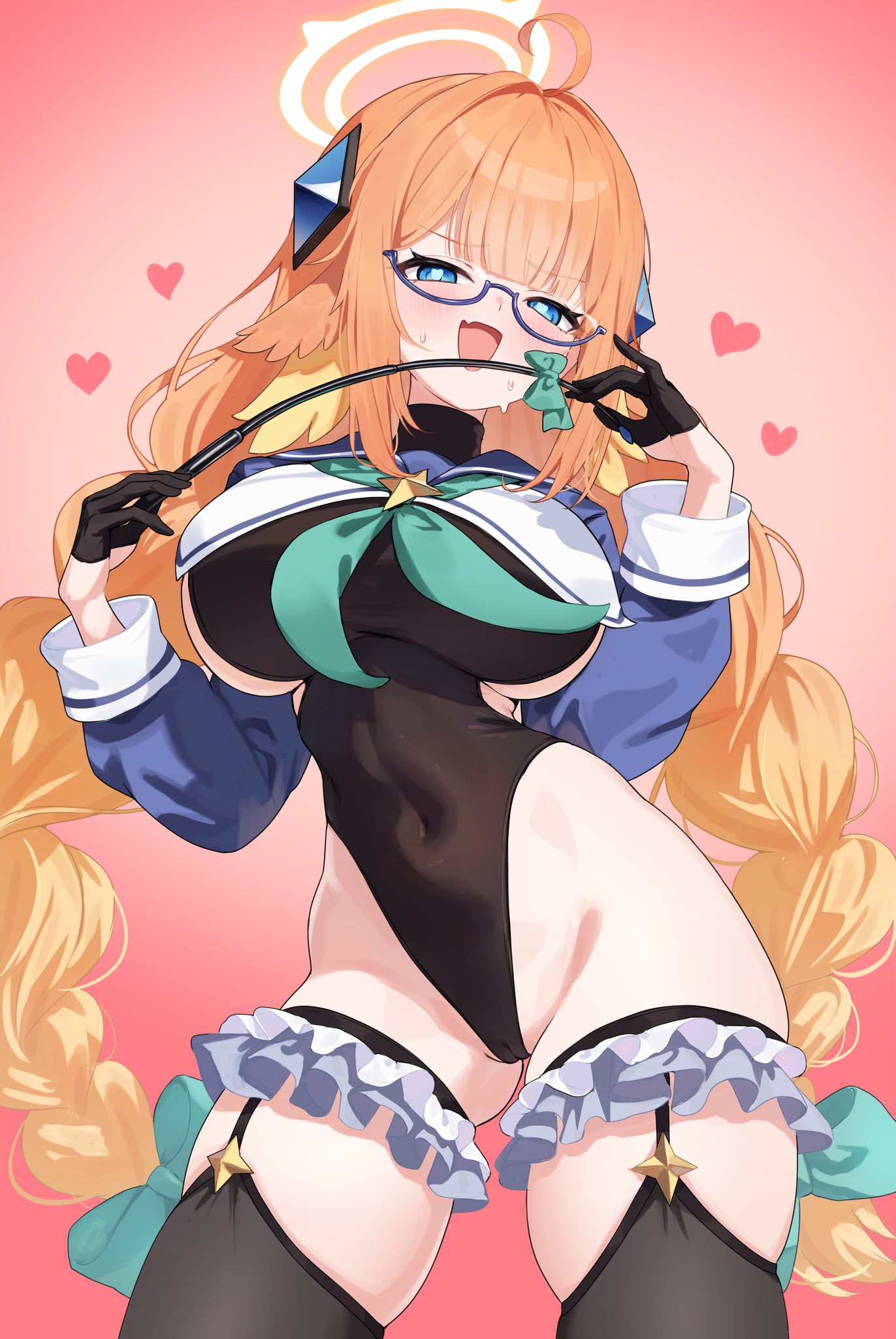 tansui san (tcjp4784), shimiko (blue archive), shimiko (magical) (blue archive), blue archive, braided twintails, commentary request, highres, 1girl, :d, ahoge, black gloves, black leotard, blue shrug, braid, breasts, cameltoe, covered navel, fang, feather hair, feathers, female pubic hair, frills, glasses, gloves, half gloves, halo, heart, heart-shaped pupils, holding, holding riding crop, impossible clothes, impossible leotard, large breasts, leotard, long hair, looking at viewer, low twin braids, open mouth, orange hair, pubic hair, pubic hair peek, riding crop, shrug (clothing), simple background, sketch, skin fang, smile, solo, symbol-shaped pupils, twin braids, very long hair, yellow feathers, yellow halo