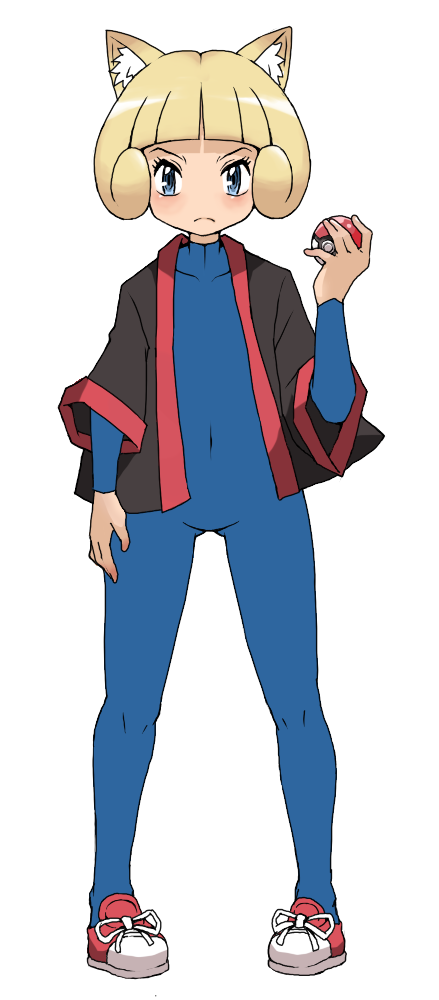 hun (uyonis), greta (pokemon), nintendo, pokemon, pokemon emerald, pokemon rse, bad id, bad pixiv id, >:(, 00s, 1girl, animal ears, blonde hair, blue bodysuit, blue eyes, blush, bodysuit, cat ears, closed mouth, female focus, frontier brain, full body, hand up, holding, holding poke ball, japanese clothes, looking at viewer, no nose, poke ball, red shoes, serious, shoes, short hair, simple background, skin tight, solo, standing, white background