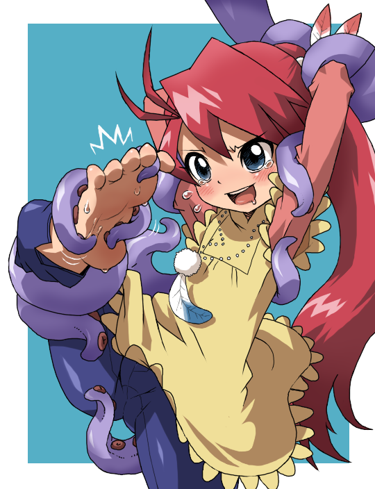 hun (uyonis), kozeri ai, live on cardliver kakeru, bad id, bad pixiv id, 1girl, apron, barefoot, between toes, blue eyes, blush, cameltoe, denim, feathers, feet, female focus, jeans, pants, pink hair, ponytail, red hair, restrained, saliva, soles, solo, tears, tentacles, tickle torture, tickling, tickling armpits, tickling feet, toes