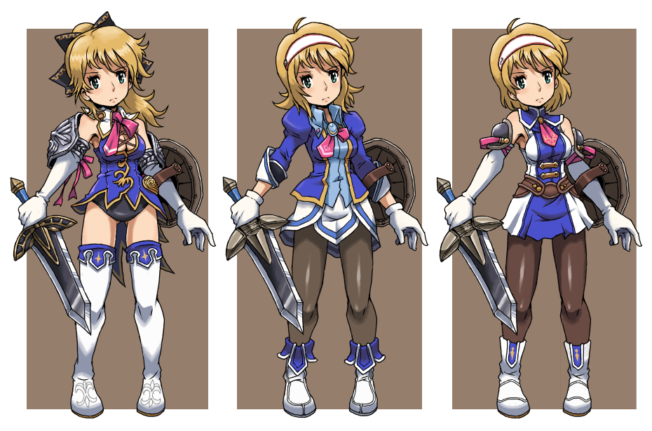 hun (uyonis), cassandra alexandra, soul calibur, soulcalibur, soulcalibur ii, soulcalibur iii, soulcalibur iv, bad id, bad pixiv id, 1girl, alternate costume, armor, armored dress, bare shoulders, blonde hair, boots, bow, brown background, costume chart, dress, elbow gloves, gloves, green eyes, hair bow, hairband, leotard, multiple persona, necktie, pantyhose, pink necktie, ponytail, shield, shoulder pads, sword, thigh boots, thighhighs, weapon