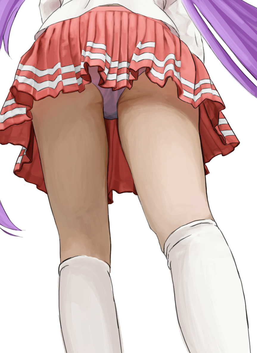 orangebox, hiiragi kagami, lucky star, 00s, 1girl, ass, female focus, from behind, from below, kneehighs, kneepits, legs, lower body, panties, pantyshot, pleated skirt, purple hair, school uniform, serafuku, skirt, socks, solo, thighs, twintails, underwear, upskirt, waist down