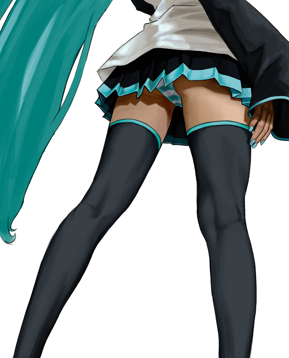 orangebox, hatsune miku, vocaloid, 1girl, close-up, detached sleeves, female focus, from behind, from below, kneepits, legs, long hair, lower body, panties, pantyshot, skirt, solo, striped clothes, striped panties, thighhighs, underwear, upskirt, very long hair, waist down