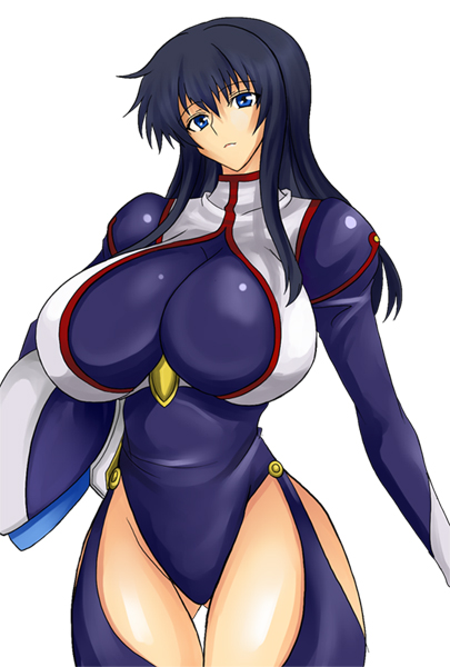 umino mokuzu (a4 size), fujimura shizuru, shinkon gattai godannar!!, pilot suit, 00s, 1girl, blue eyes, blue hair, bodysuit, breasts, female focus, garter straps, helmet, huge breasts, impossible clothes, large breasts, long hair, matching hair/eyes, shiny clothes, simple background, skin tight, solo, standing, thighhighs, turtleneck