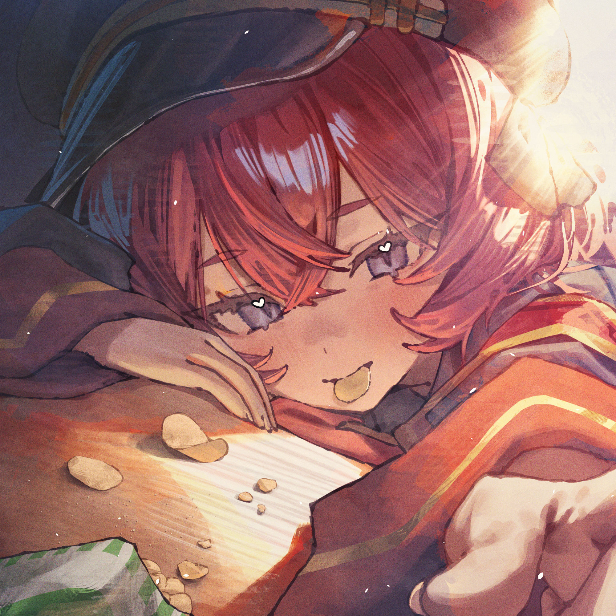betabeet, iroha (blue archive), blue archive, commentary, highres, 1girl, arm rest, armband, black hat, black jacket, blush, chips (food), fingernails, food, food in mouth, foreshortening, hair between eyes, hat, head rest, heart, jacket, long hair, looking at viewer, mouth hold, peaked cap, red armband, red eyes, selfie, solo