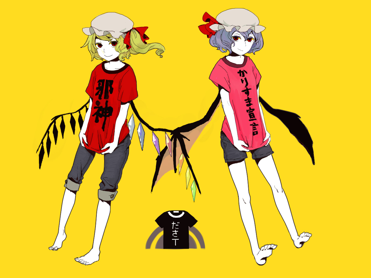 noki (artist), noki (pixiv363792), nosaki (pixiv363792), flandre scarlet, remilia scarlet, touhou, bad id, bad pixiv id, inactive account, translation request, 2girls, alternate costume, barefoot, bat wings, blonde hair, blue hair, casual, clothes writing, contemporary, feet, female focus, hat, multiple girls, pale skin, red eyes, short hair, siblings, sisters, wings