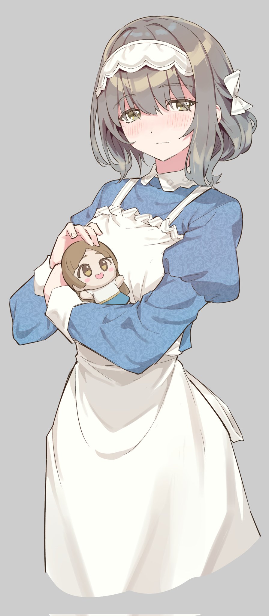 shoukichi (shony), kuramoto china, gakuen idolmaster, idolmaster, commentary request, highres, 1girl, apron, blue dress, blush, bow, character doll, chibigurumi, closed mouth, contrast collar, cowboy shot, cropped legs, doll, dress, frilled apron, frills, grey background, grey eyes, grey hair, hair bow, hairband, hands up, hiwatari kanae, holding, holding doll, juliet sleeves, long sleeves, looking at viewer, maid, maid apron, puffy sleeves, short hair, simple background, smile, solo, standing, white bow, white hairband