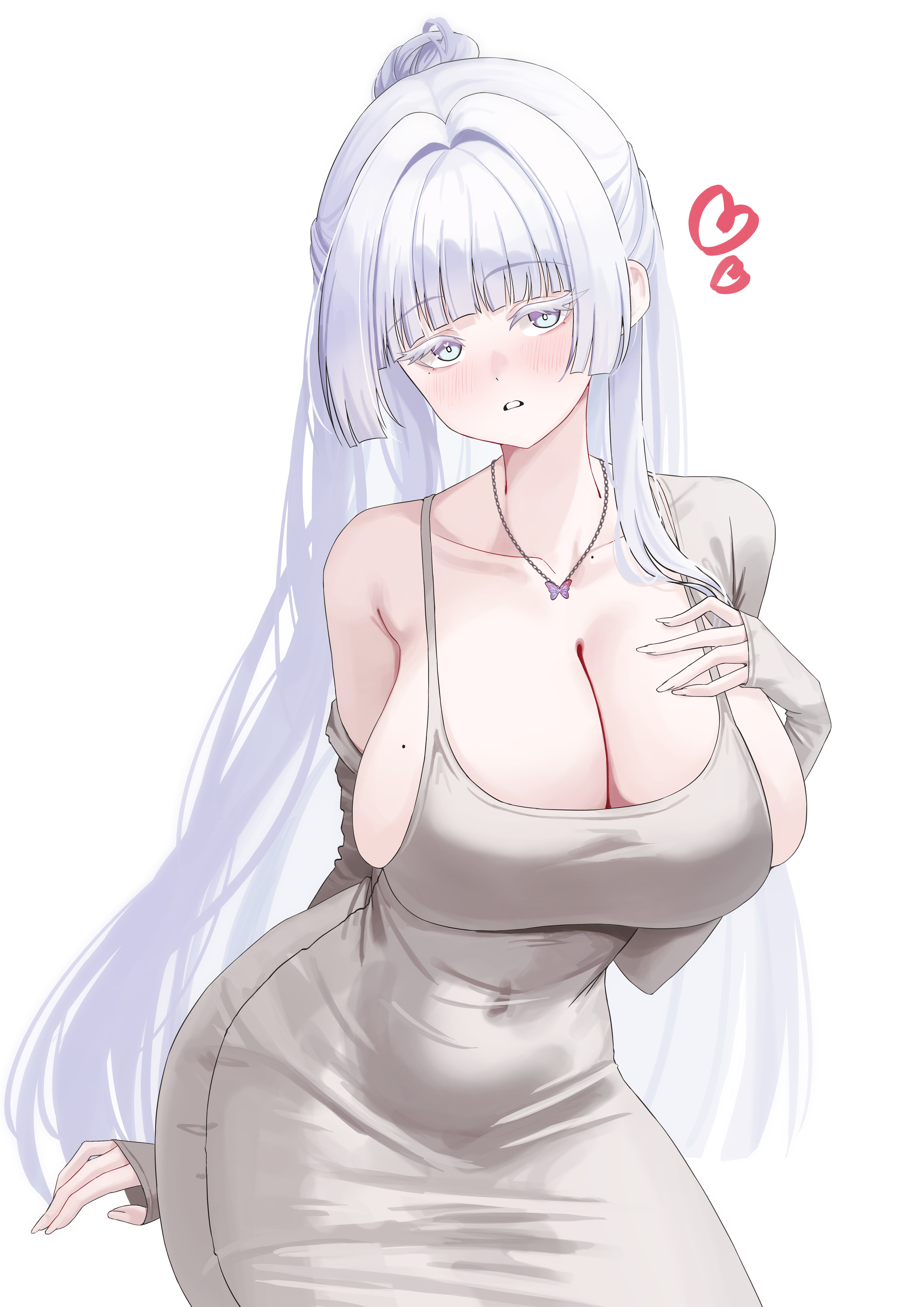 sxrxri a, nayuta (nikke), goddess of victory: nikke, absurdres, commentary, highres, 1girl, black gloves, blue eyes, blush, breasts, dongtan dress, dress, fingerless gloves, gloves, grey dress, huge breasts, jewelry, large breasts, long hair, looking at viewer, necklace, parted lips, ponytail, simple background, solo, very long hair, white background, white hair