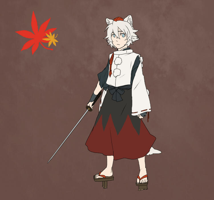 torinone, inubashiri momiji, touhou, 1boy, animal ears, blue eyes, detached sleeves, genderswap, genderswap (ftm), geta, hat, male focus, short hair, solo, sword, tail, tengu-geta, tokin hat, weapon, white hair, wolf ears, wolf tail