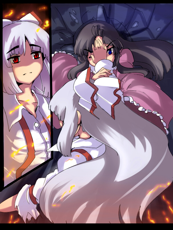 magukappu, fujiwara no mokou, houraisan kaguya, touhou, silver hair, 2girls, battle, black hair, blue eyes, bow, comic, female focus, fire, hair bow, hair ribbon, long hair, multiple girls, multiple views, no nose, palm strike, red eyes, ribbon, wince, wink