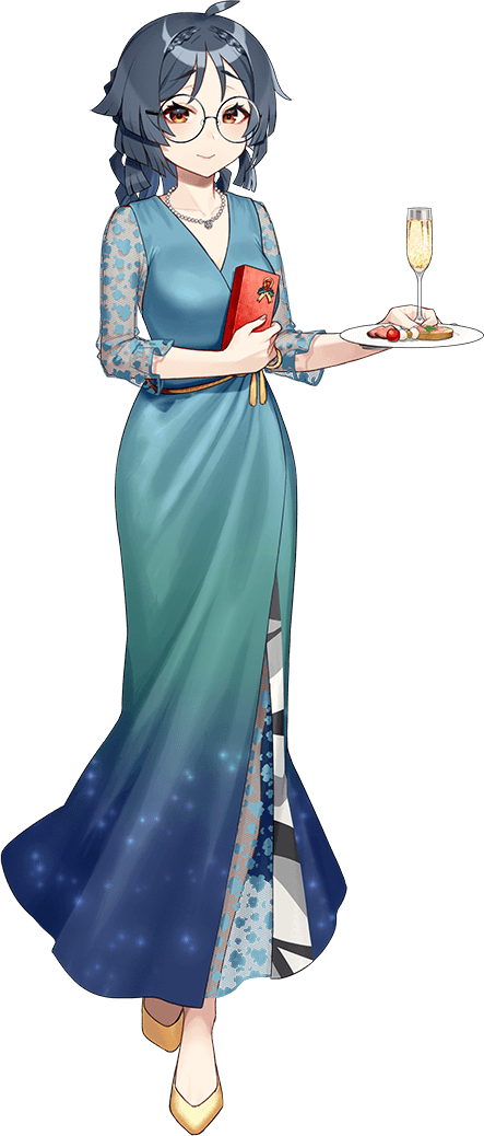akasaka yuzu, heian maru (kancolle), heian maru kai (christmas) (kancolle), kantai collection, official art, 1girl, black hair, blue dress, box, breasts, cup, dress, drinking glass, full body, gift, gift bag, gift box, glasses, jewelry, large breasts, long hair, looking at viewer, necklace, official alternate costume, red eyes, round eyewear, smile, solo, transparent background, wine glass