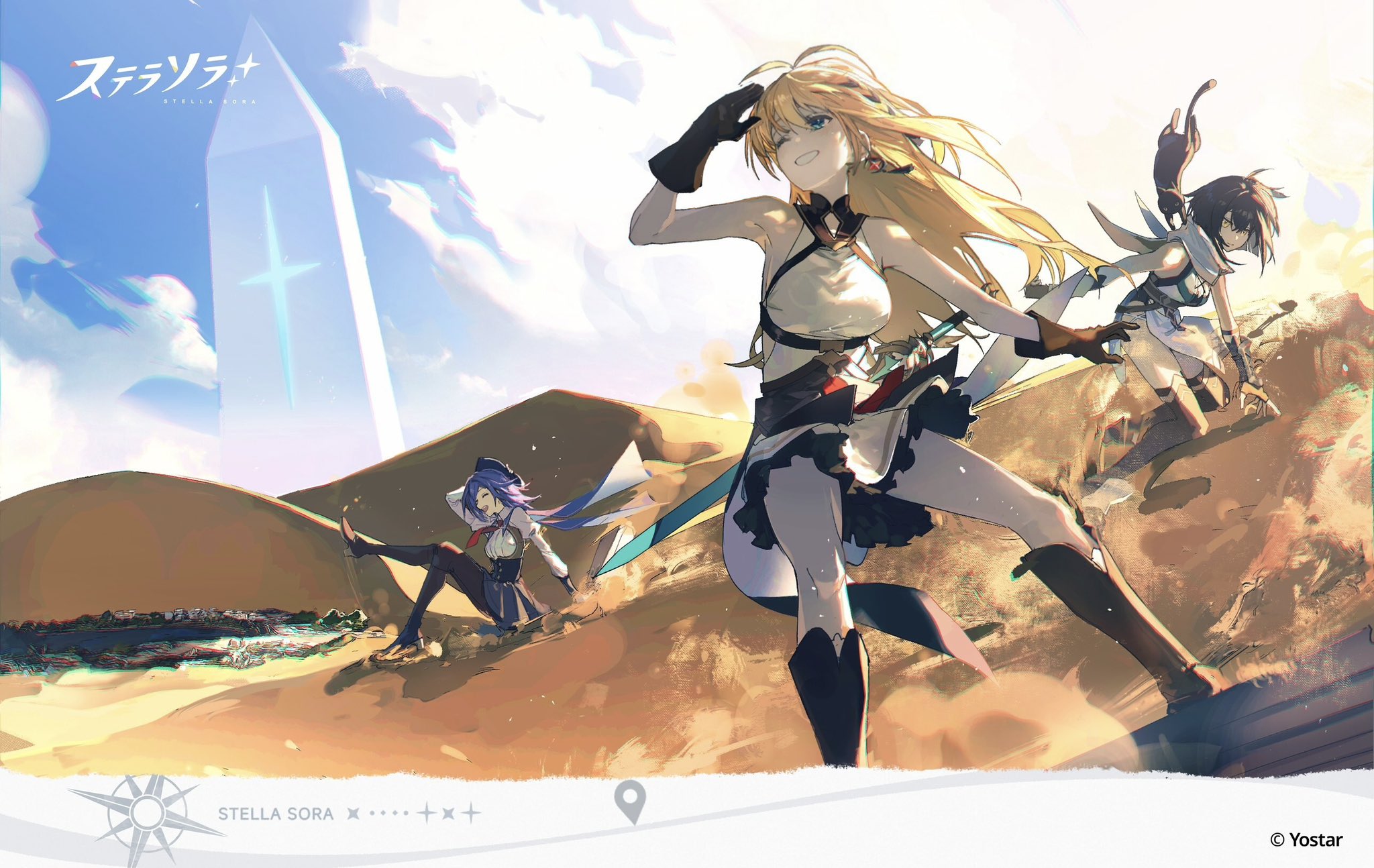 karasuro, amber (stella sora), iris (stella sora), noya (stella sora), stella sora, commentary request, highres, 3girls, antenna hair, bare shoulders, black boots, black cat, black hair, black hat, black pantyhose, black thighhighs, blonde hair, blue eyes, boots, breasts, cat, chromatic aberration, closed eyes, collared shirt, copyright logo, copyright name, copyright notice, desert, dress shirt, framed breasts, frilled skirt, frills, grey skirt, grin, hand on headwear, hat, high-waist skirt, juliet sleeves, knee boots, large breasts, logo, long hair, long sleeves, medium hair, miniskirt, monolith (object), multiple girls, necktie, new star guild (stella sora), pantyhose, puffy sleeves, purple hair, red necktie, shirt, skirt, sleeveless, sleeveless shirt, smile, snowboarding, thigh boots, thighhighs, very long hair, white shirt, white skirt, yellow eyes