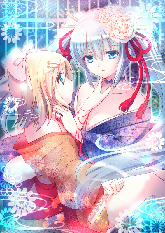 chimochi, dyudyu, hatsune miku, kagamine rin, vocaloid, bad id, bad pixiv id, 2girls, alternate costume, aqua eyes, aqua hair, blonde hair, blue eyes, bow, eye contact, flower, hair bow, hair ornament, hairclip, japanese clothes, long hair, looking at another, multiple girls, off shoulder, ribbon, short hair, string, string of fate, twintails, very long hair