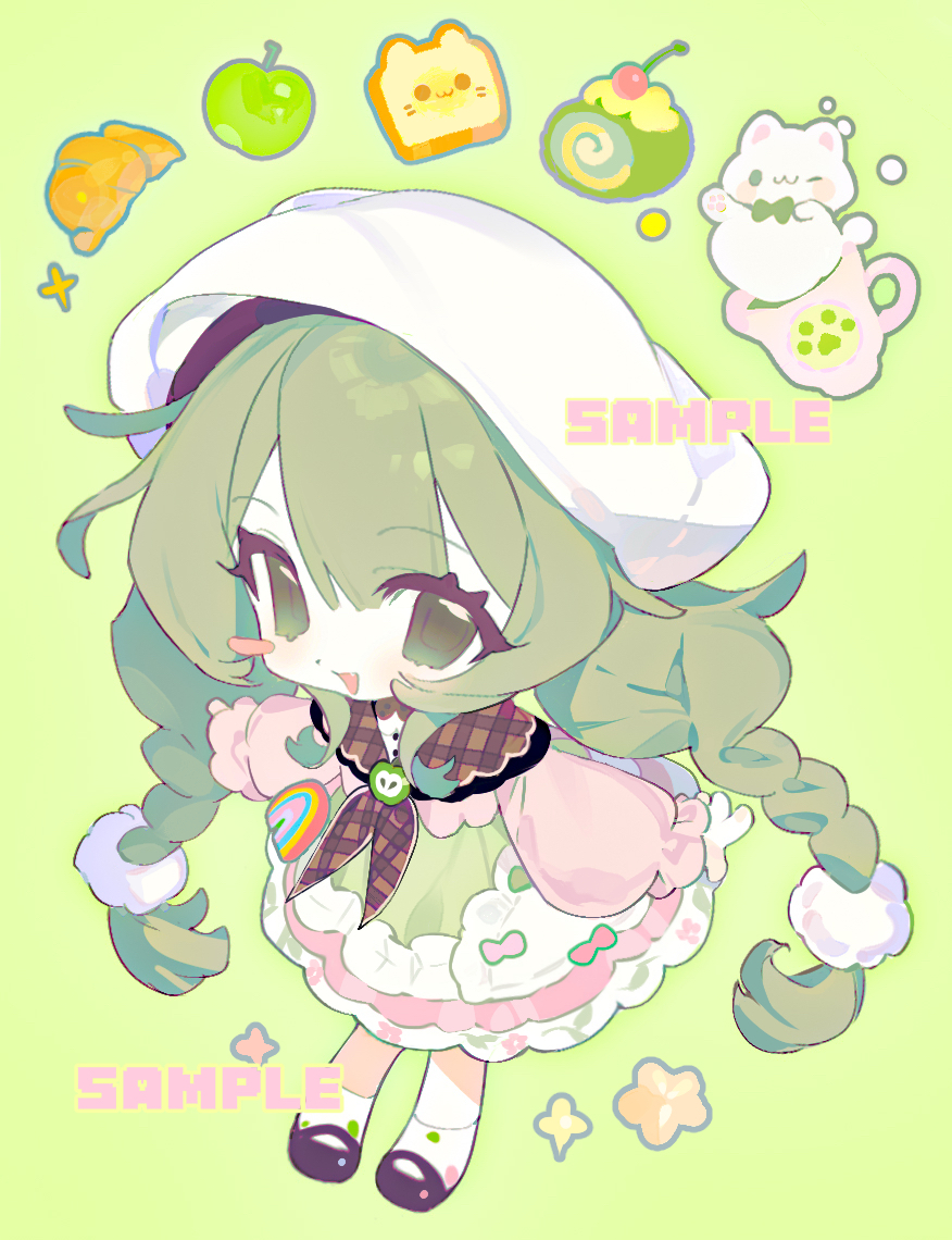 original, 1girl, :d, apple, black shoes, blush stickers, braid, bread, bread slice, brown neckerchief, cake, cat, chibi, chibi only, croissant, cup, dress, fang, food, frilled dress, frills, fruit, full body, green background, green eyes, green hair, hao mian ma shu, hat, long hair, long sleeves, neckerchief, open mouth, pink dress, sample watermark, shoes, simple background, smile, socks, solo, standing, swiss roll, toast, twin braids, watermark, white hat, white socks